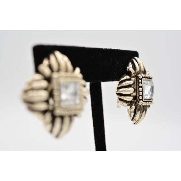 Vintage Crystal Clip On Earrings Chunky Rhinestone Silver Tone Heavy 1980s BinAR - Picture 5 of 12